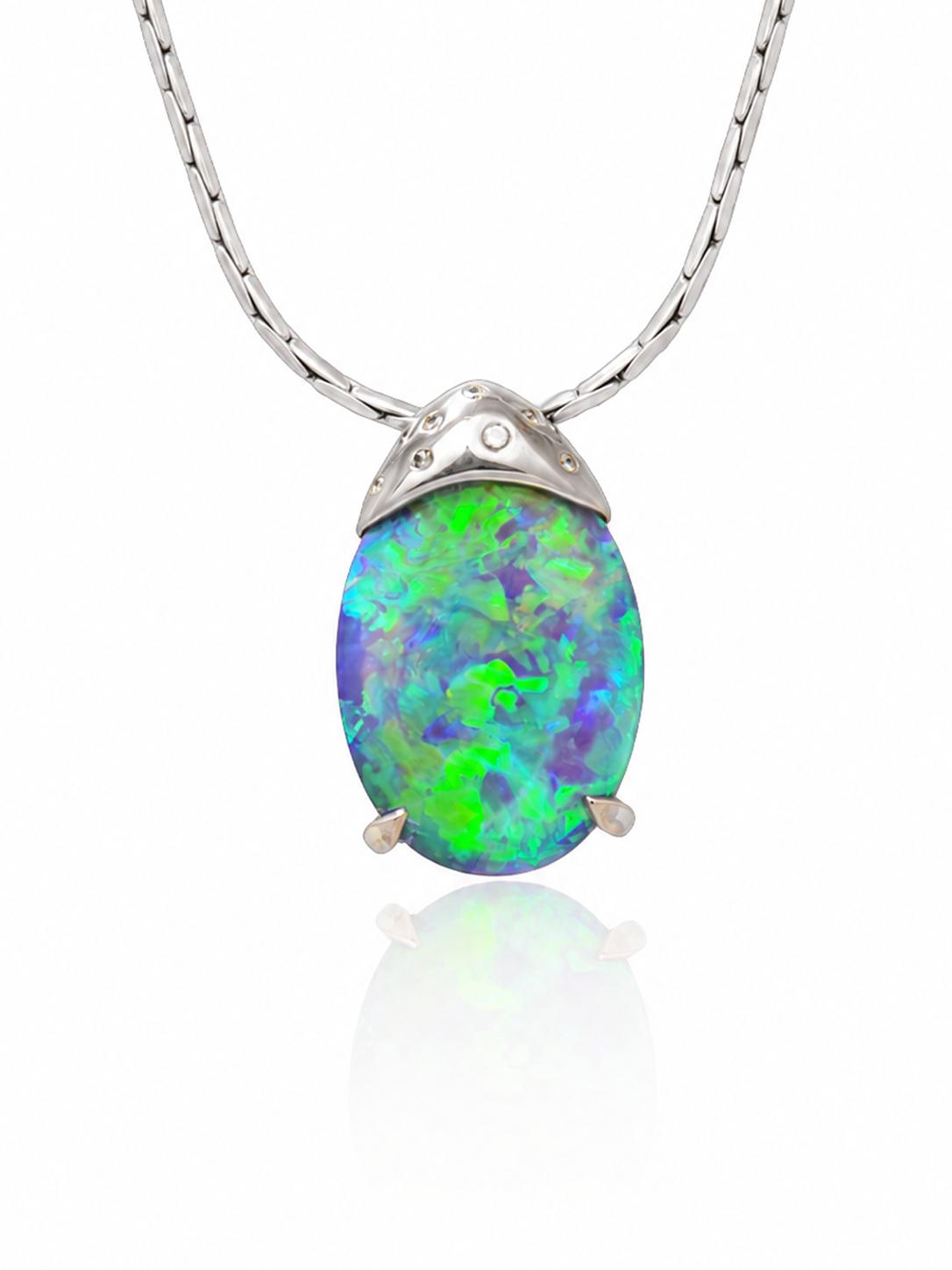 French 18K Gold Black Opal Diamond Pendant Necklace, GIA
