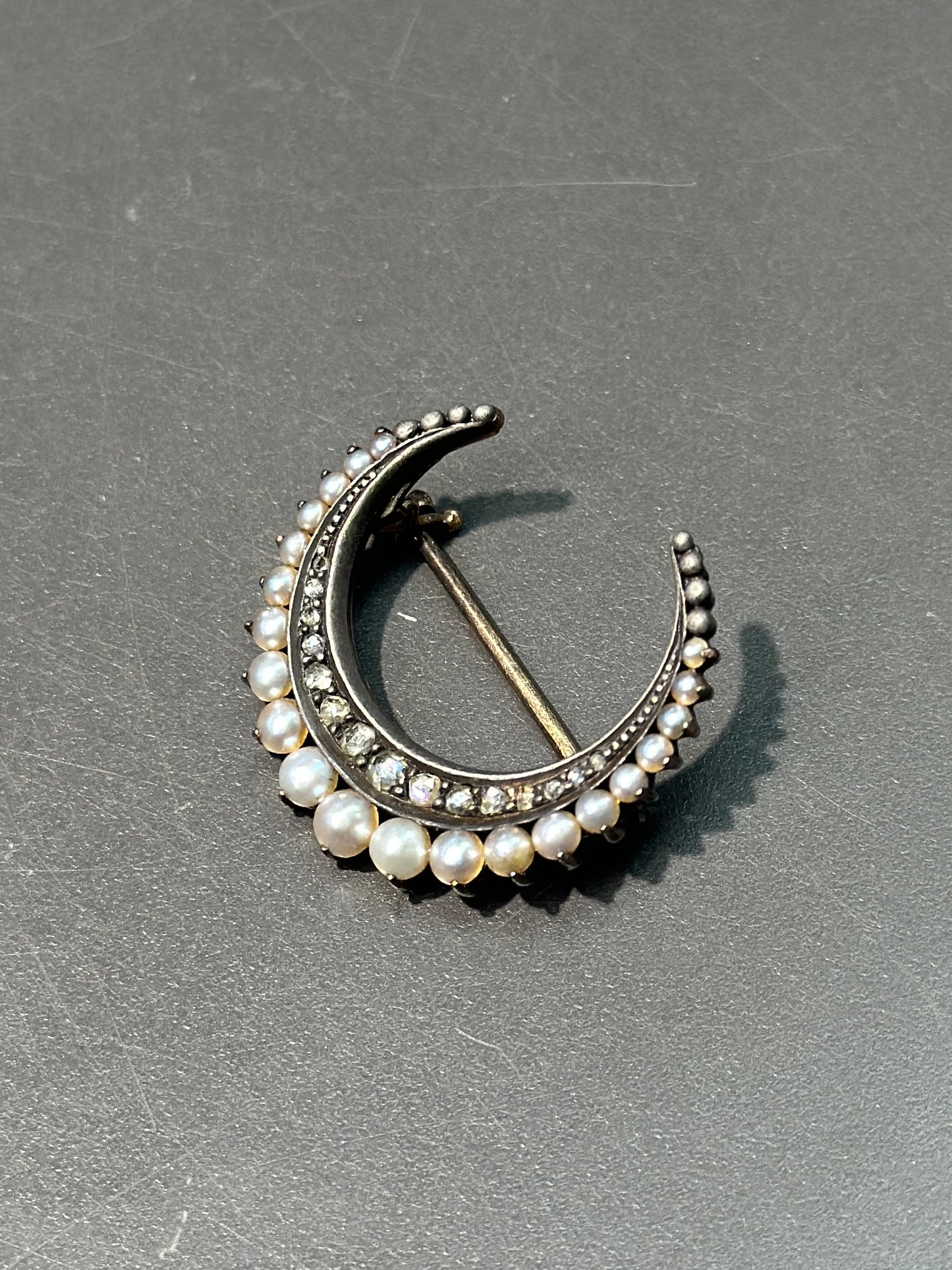 Antique 14K Topped Silver Natural Saltwater Pearl Crescent Brooch