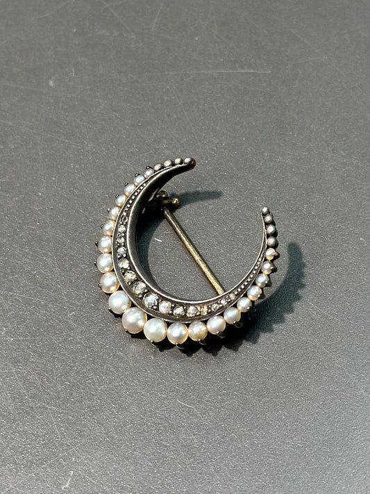 Antique 14K Topped Silver Natural Saltwater Pearl Crescent Brooch