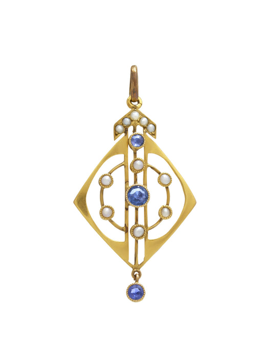 Antique 9K Gold Sapphire Laveliere Pendant
