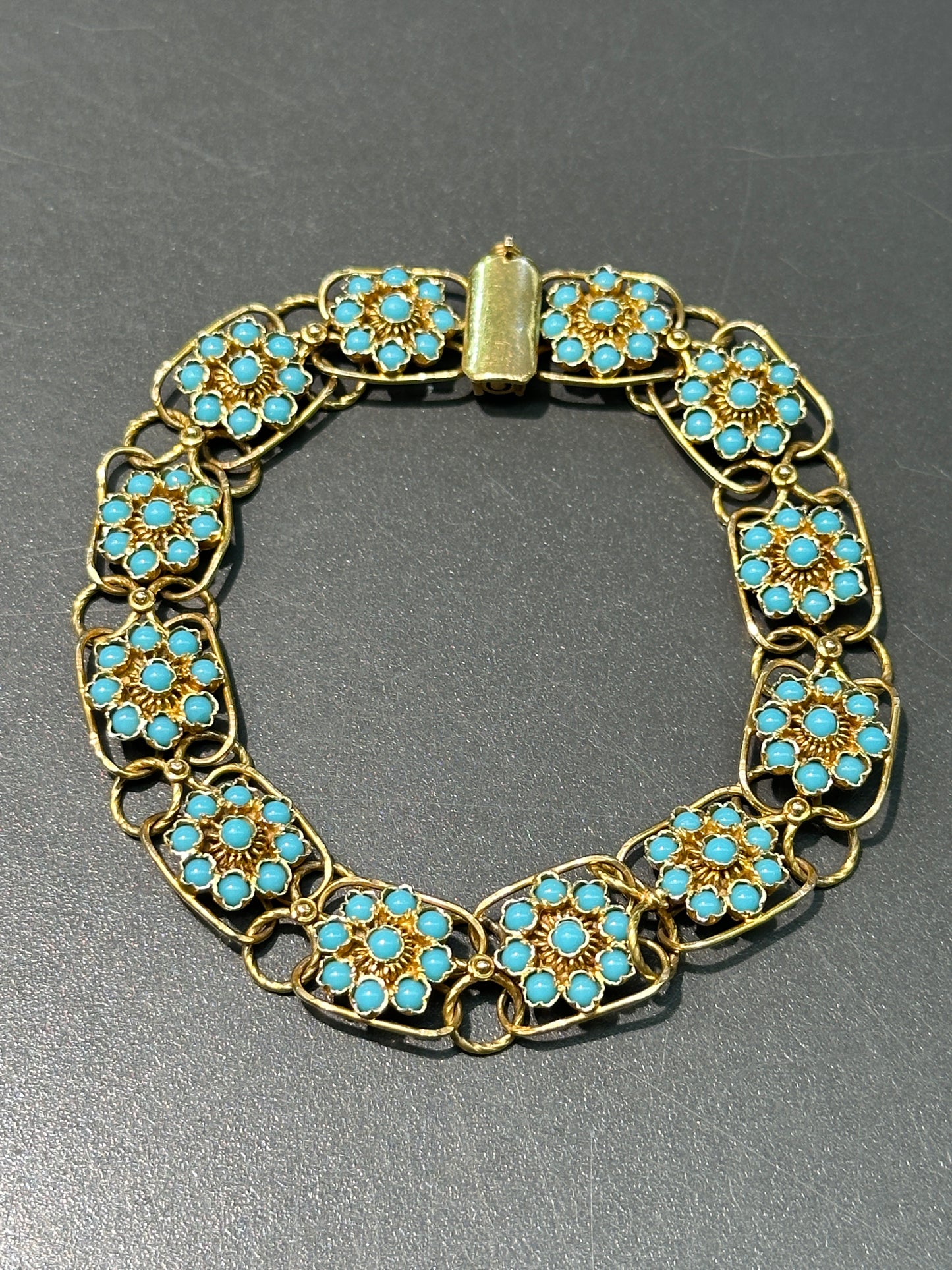 Antique 18K Gold Turquoise Flower Cluster Chain Bracelet