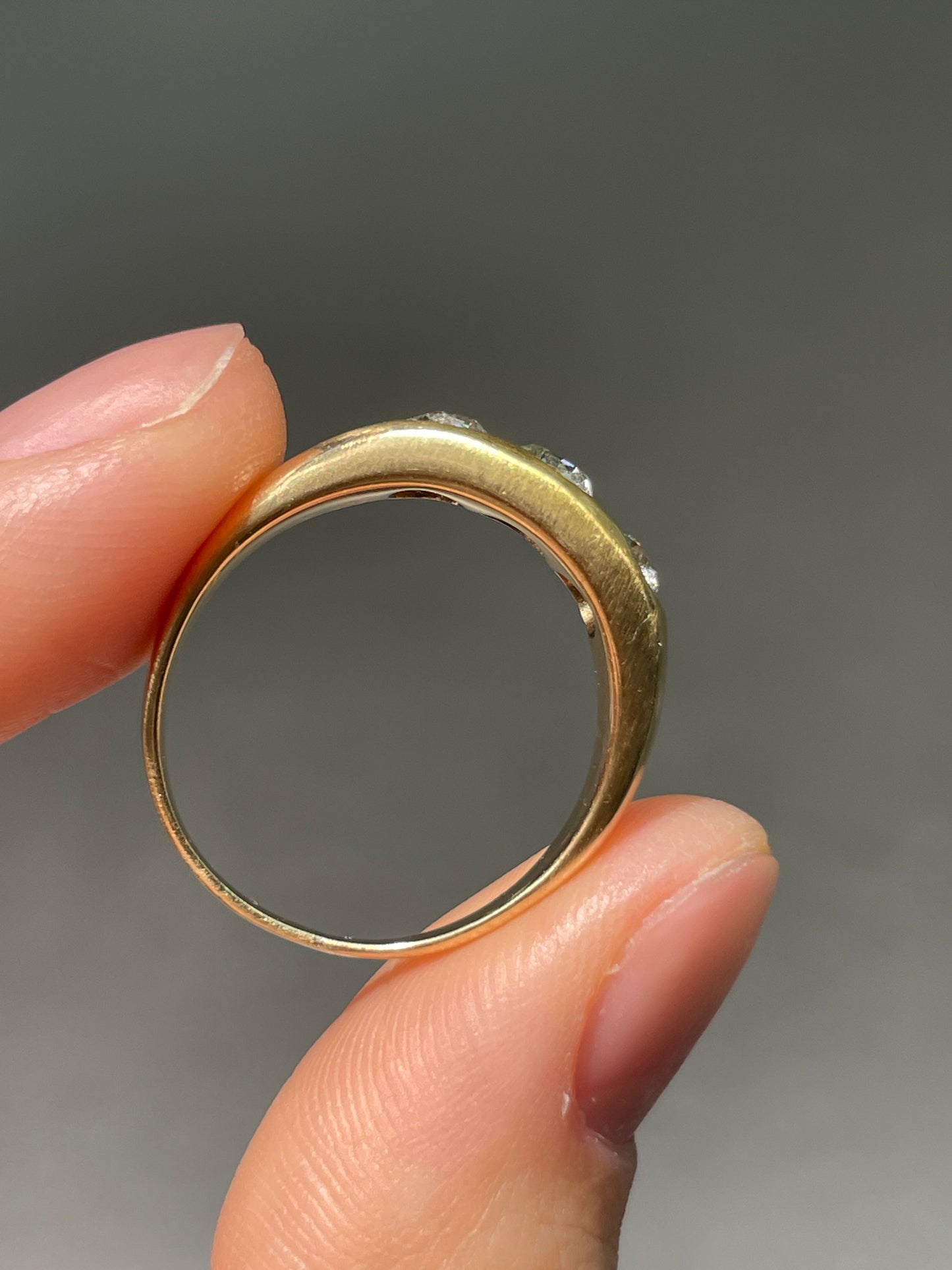 Antique 14K Gold Three Stone Old Mine Cut Diamond Gypsy Ring