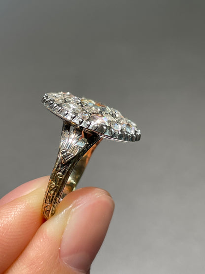 Antique Georgian 18K Gold Topped Silver Rose Cut Diamond Cluster Ring