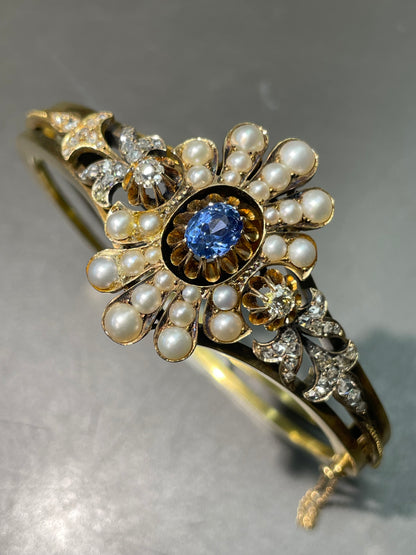 Bracelet antique en or 14 carats avec diamants saphir et perles naturelles antiques