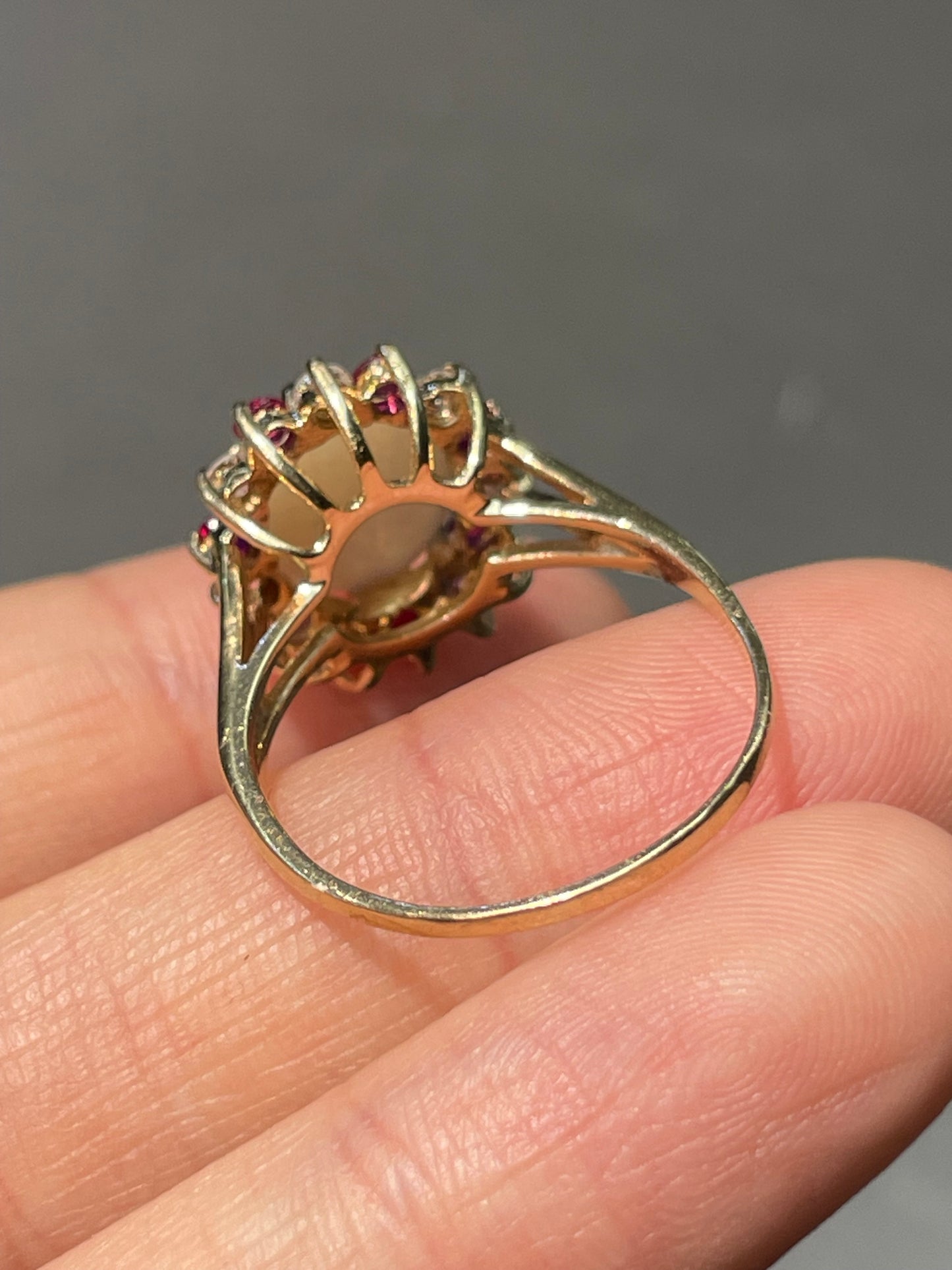 14K Yellow Gold Opal Ruby Diamond Halo Ring