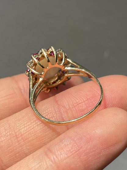 14K Yellow Gold Opal Ruby Diamond Halo Ring