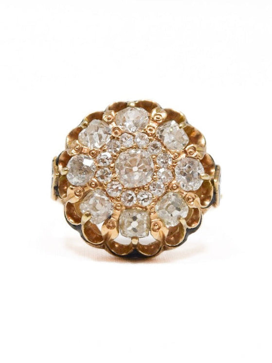 Antique 14K Yellow Gold 3.0 CTW Diamond Enamel Cluster Ring