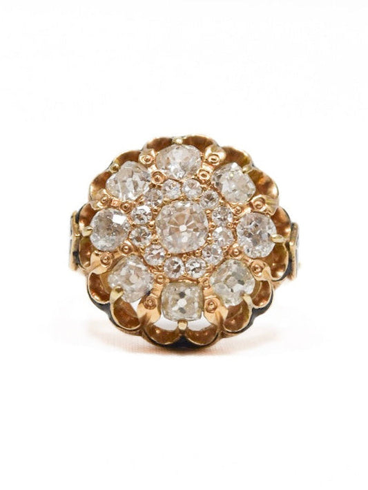 Antique 14K Yellow Gold 3.0 CTW Diamond Enamel Cluster Ring