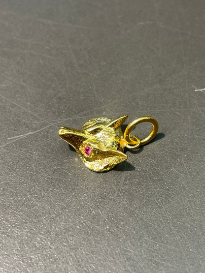 古董 14K 黄金迷你红宝石狐狸吊饰