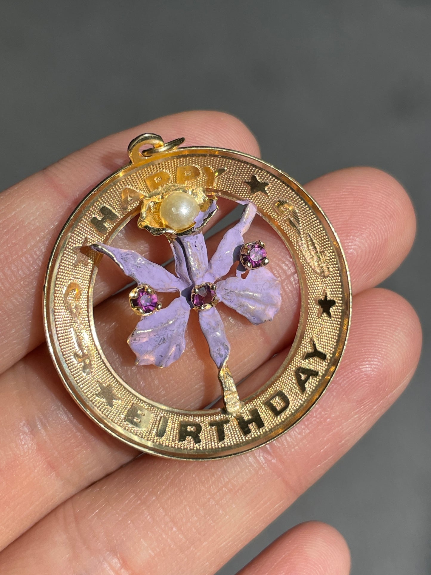 Vintage 14K Gold Flower Enamel Happy Birthday Charm