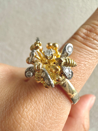 复古 14K 金钻石蜜蜂戒指