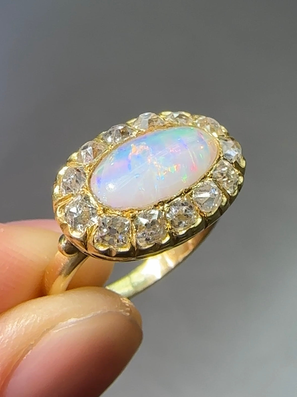 Antique 14K Gold 1.04 CTW Opal Diamond Halo East to West Ring