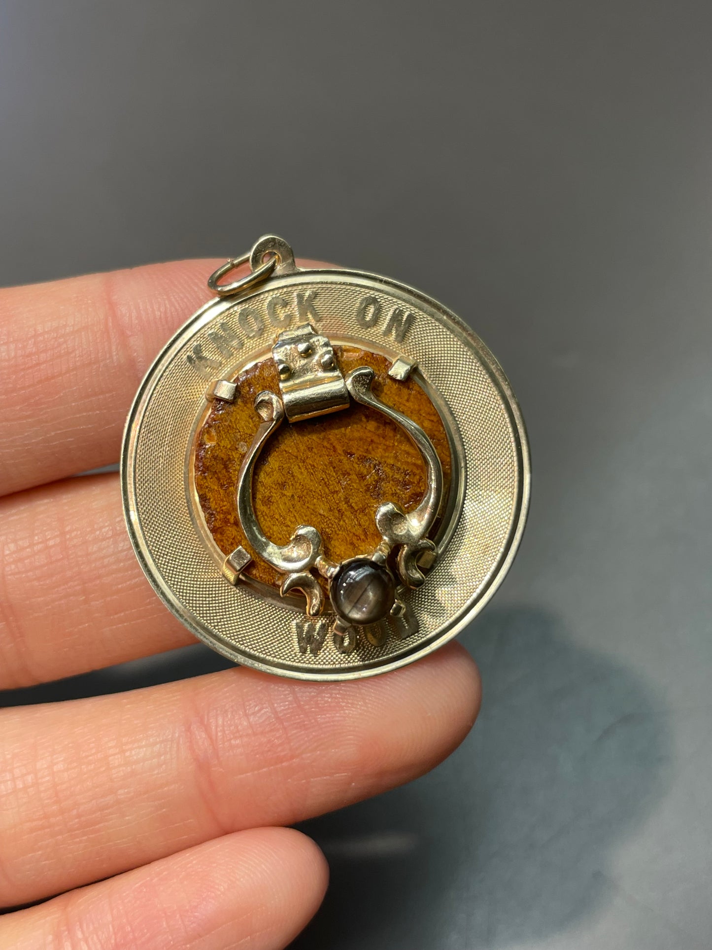 Vintage 14K Yellow Gold Articulating Knock on Wood Charm Pendant