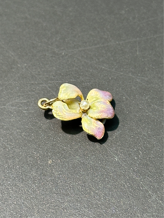 Art Nouveau 14K Gold Pink Iris Enamel Flower Charm