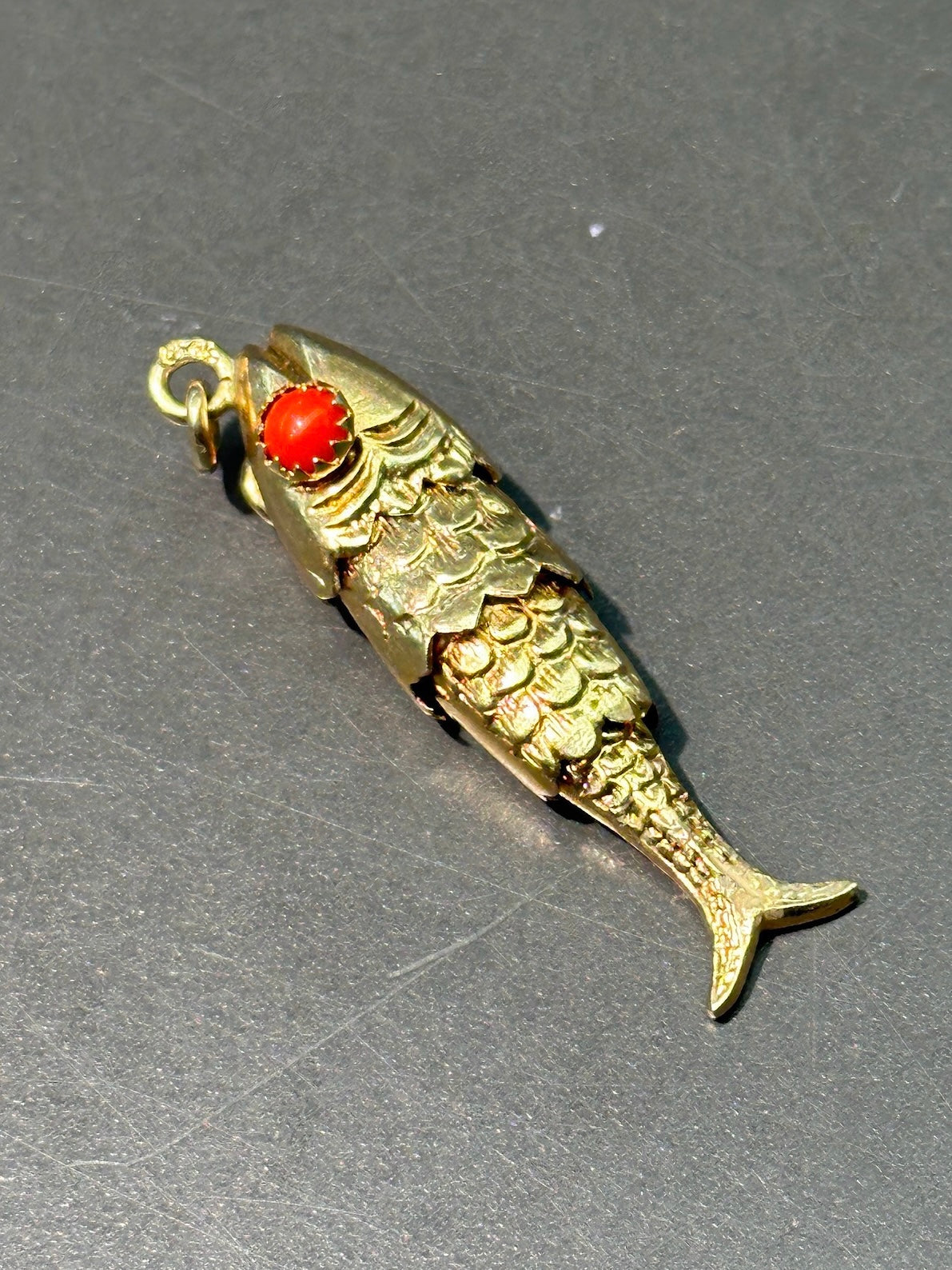 Vintage 18K Gold Coral Articulated Fish Pendant