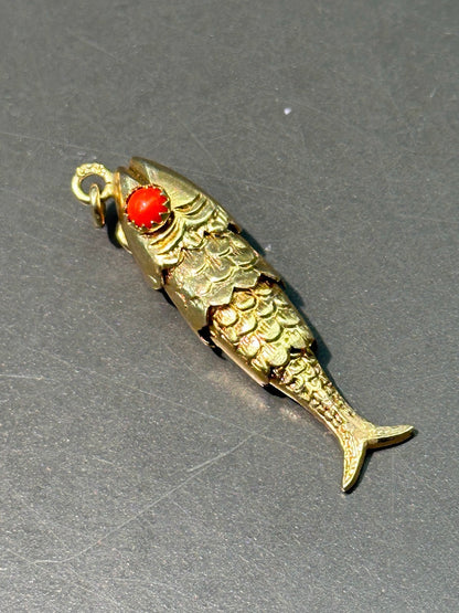 Vintage 18K Gold Coral Articulated Fish Pendant