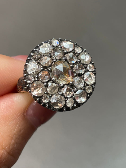 Antique Georgian 18K Yellow Gold Topped Silver 2.25 CTW Rose Cut Diamond Cobblestone Cluster Ring