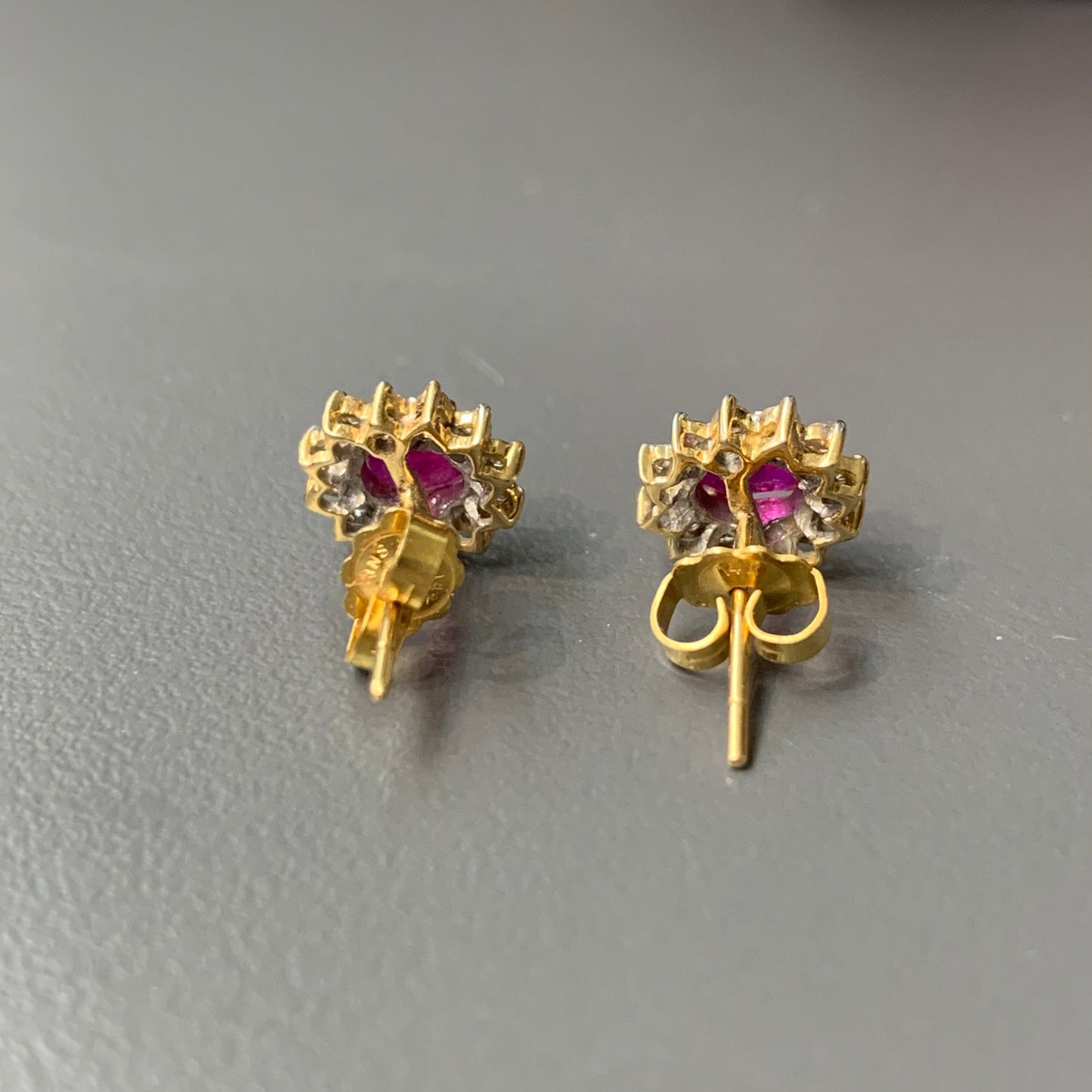 Vintage 14K Gold Natural Ruby and Diamond Halo Stud Earring