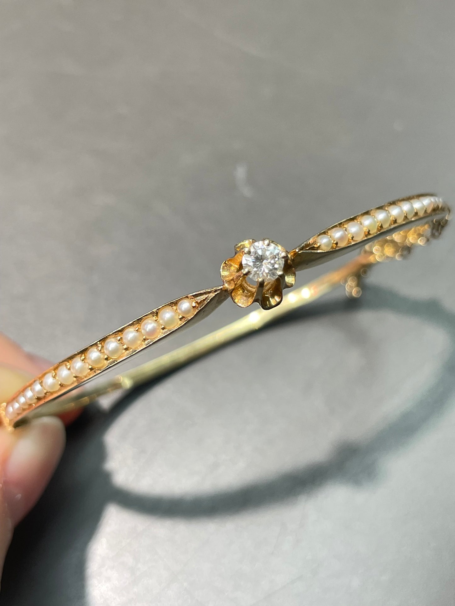Vintage 14K Gold 0.25 CTW Diamond Seed Pearl Bangle