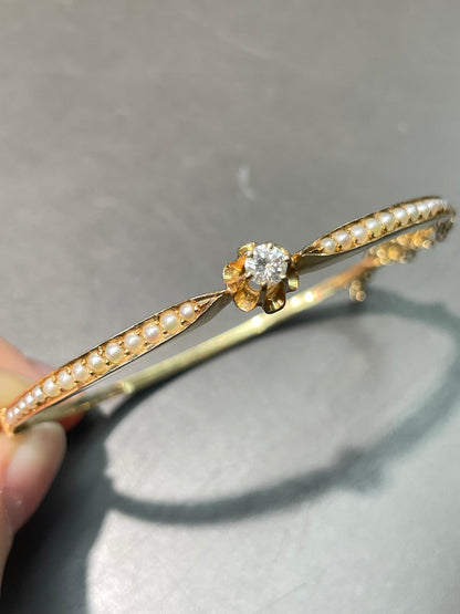 Vintage 14K Gold 0.25 CTW Diamond Seed Pearl Bangle