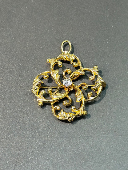 Art Nouveau 14K Gold Diamond Motif Brooch Pendant