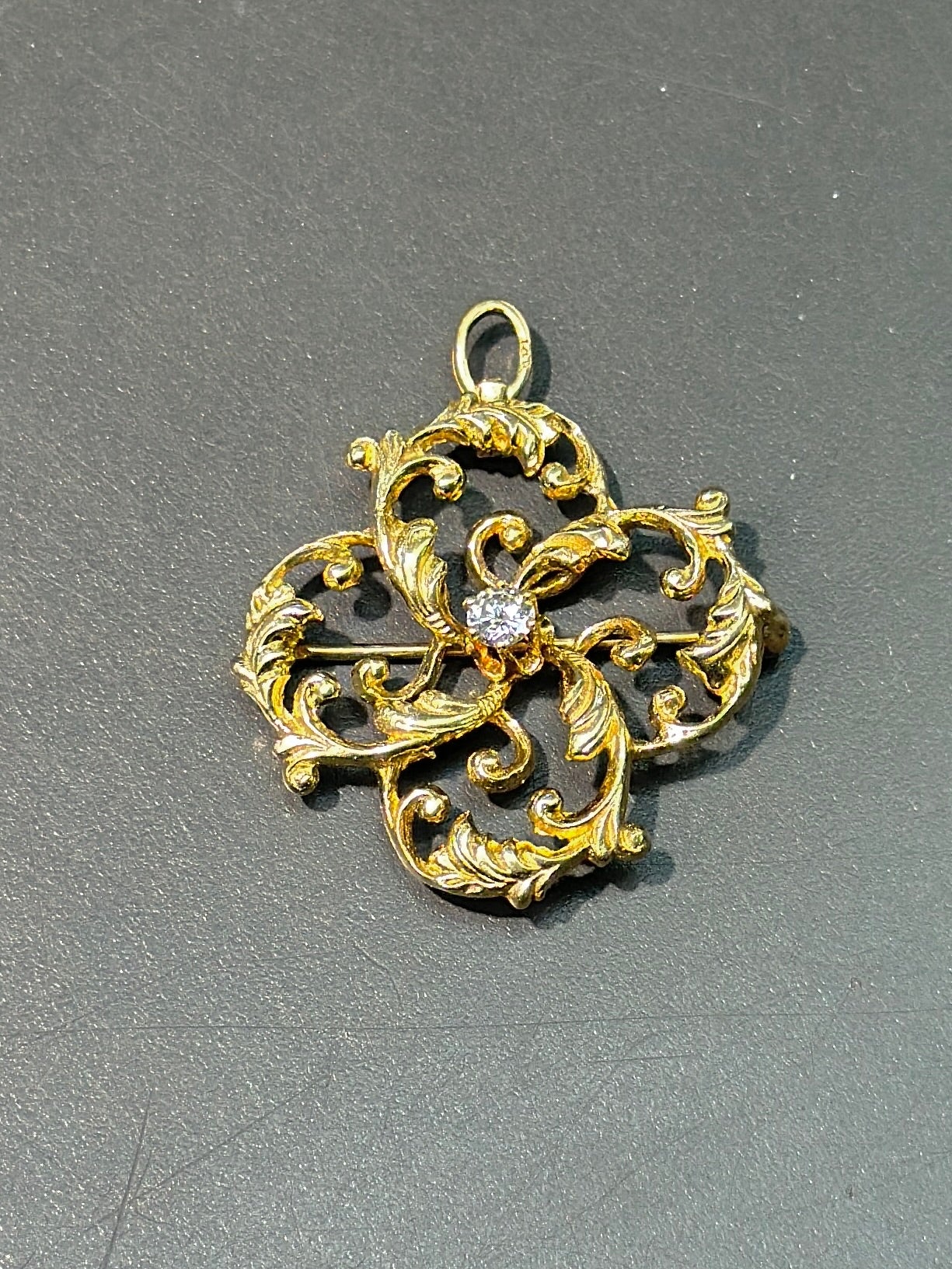 Art Nouveau 14K Gold Diamond Motif Brooch Pendant