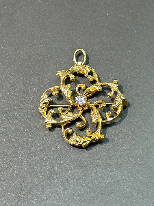 Art Nouveau 14K Gold Diamond Motif Brooch Pendant