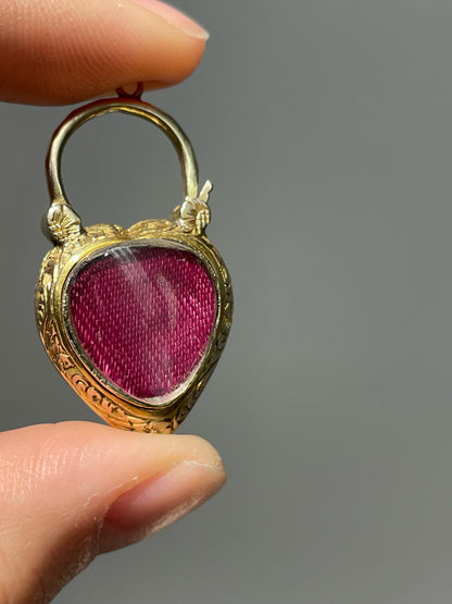 Antique Late Georgian 14K Yellow Gold Garnet Padlock Heart Locket Charm Pendant