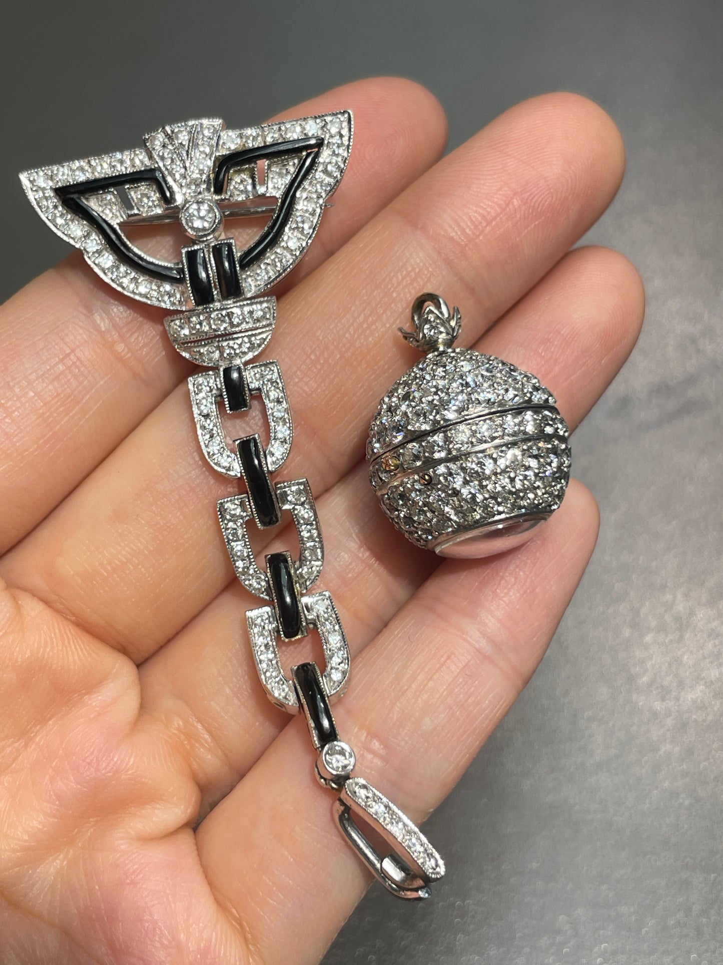 Antique Platinum 7.50 CTW Diamond Onyx Orb Watch Brooch