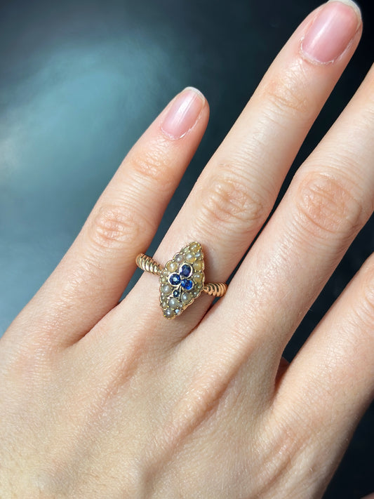 古董 14K 金蓝宝石种子珍珠三叶草戒指 尺寸 7