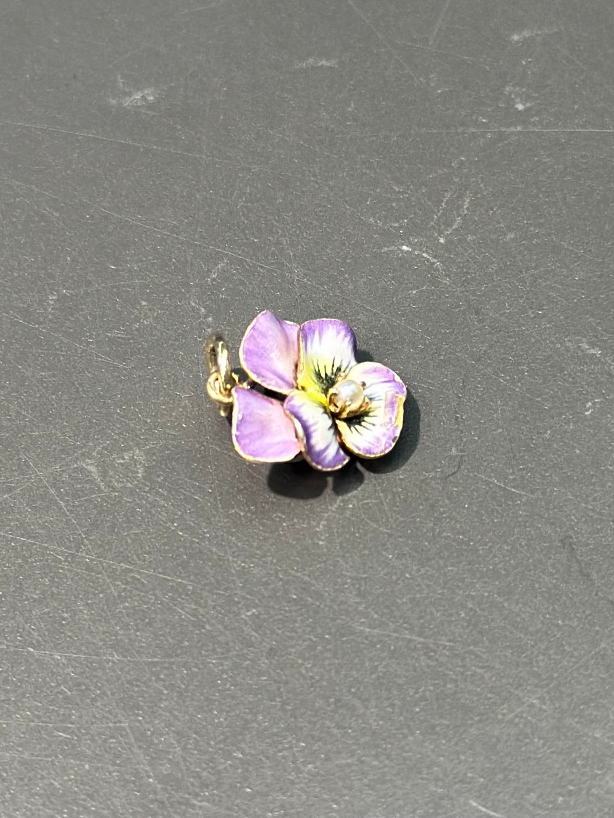 Art Nouveau 14K Gold Enamel Pearl Purple Pansy Flower Charm