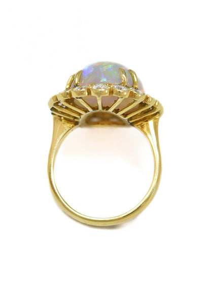 18K Gold Australian Opal Diamond Halo Ring