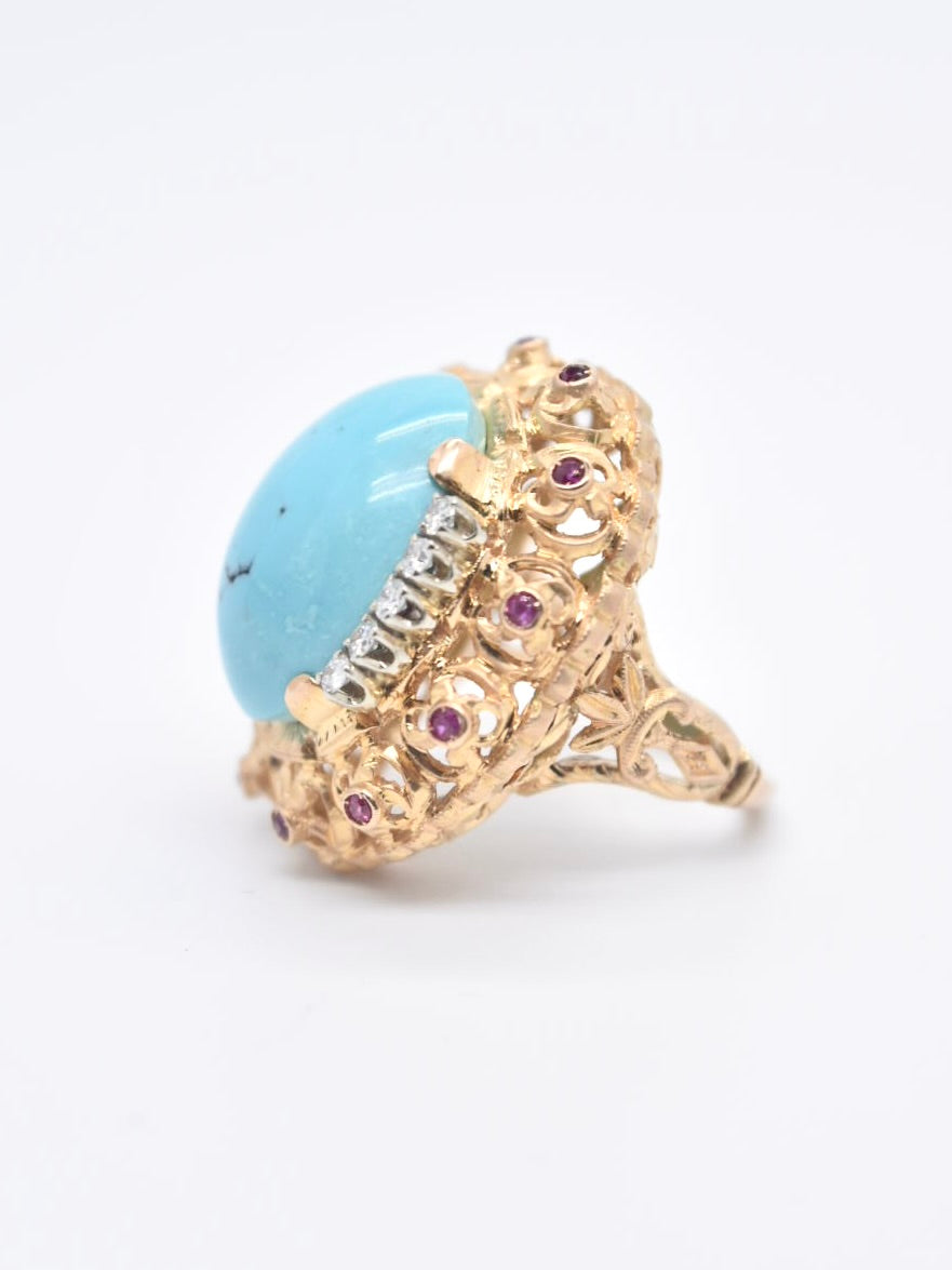 Retro 14K Gold Turquoise Diamond Ruby Cluster Ring SZ 5