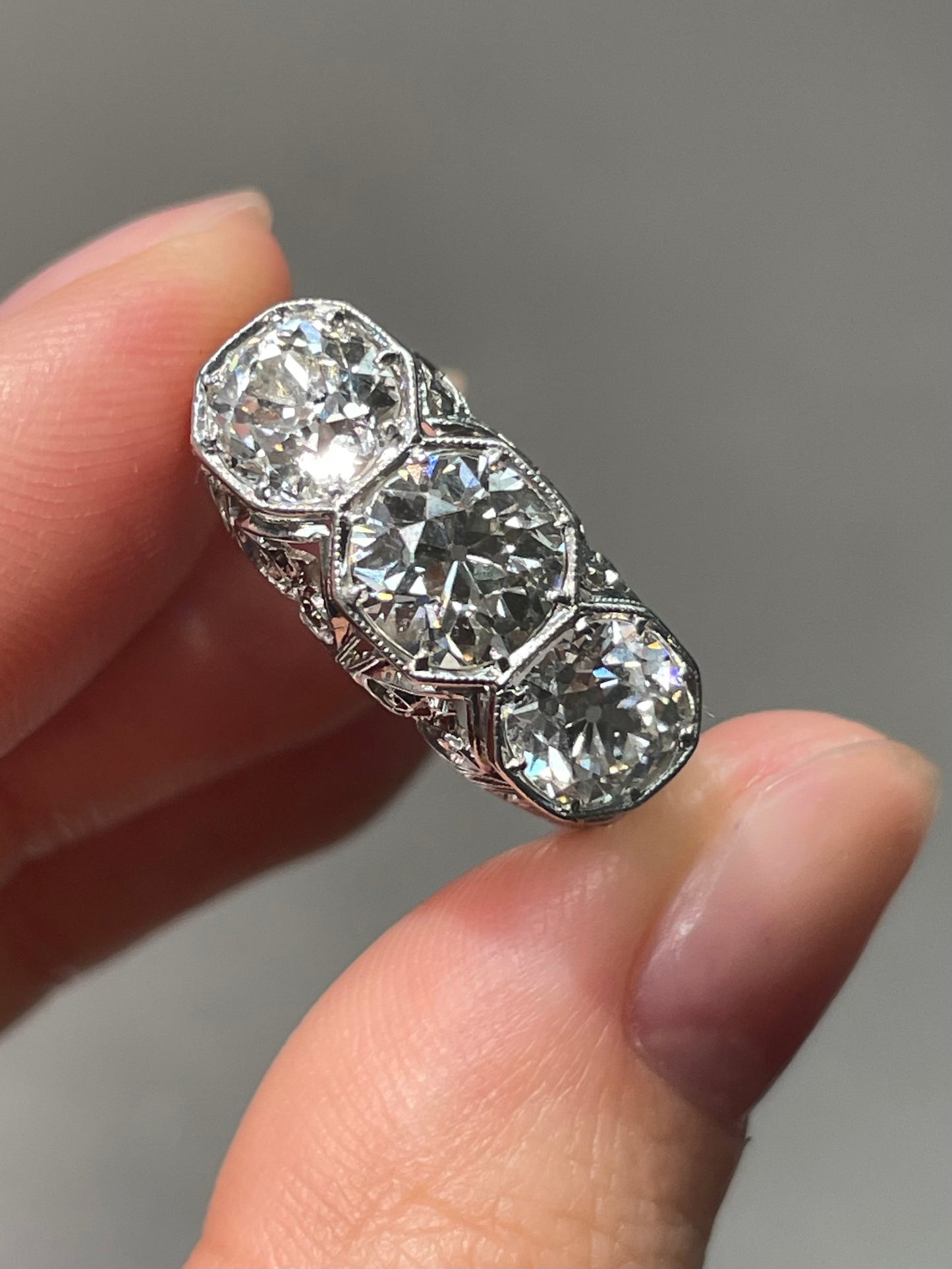 Antique Edwardian Platinum Gold 3.03 CTW Three Stone Diamond Ring