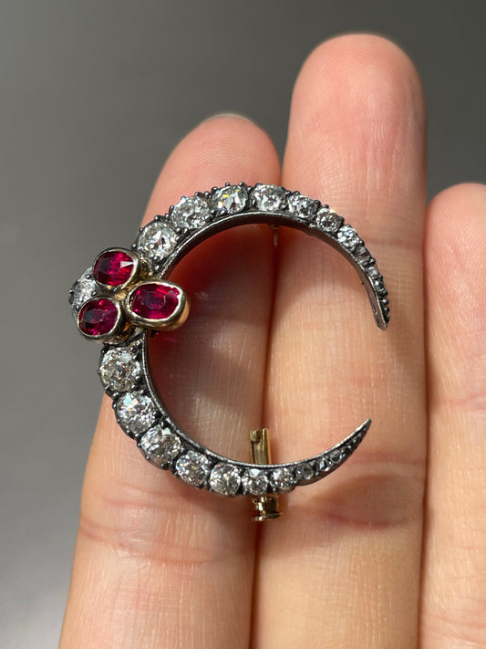 Antique Silver Topped 14K Yellow Gold 2.25 CTW Diamond Ruby Crescent Brooch