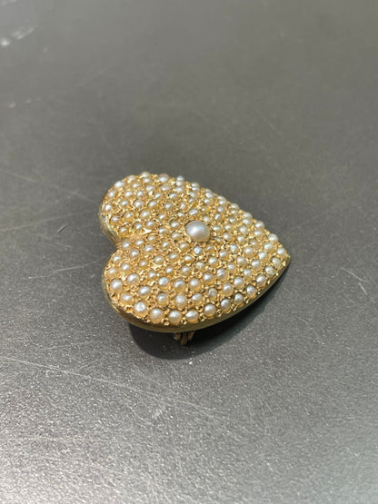 Vintage 14K Yellow Gold Pavé Seed Pearl Heart Brooch
