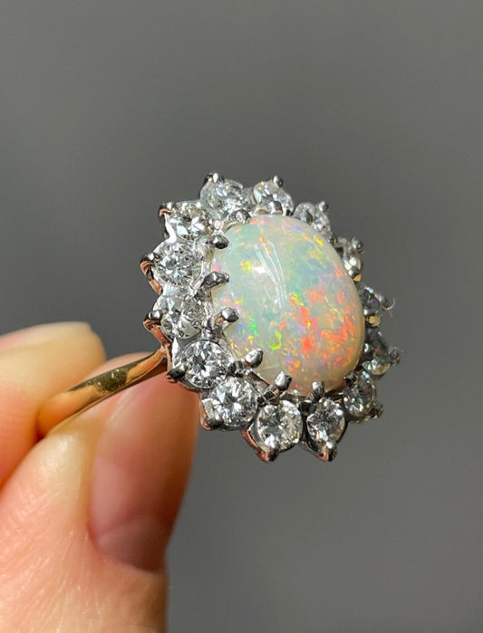Vintage 18K Yellow Gold 1.12 CTW Opal Diamond Halo Ring