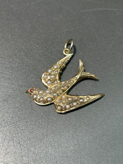 古董 14K 金珍珠燕子吊坠