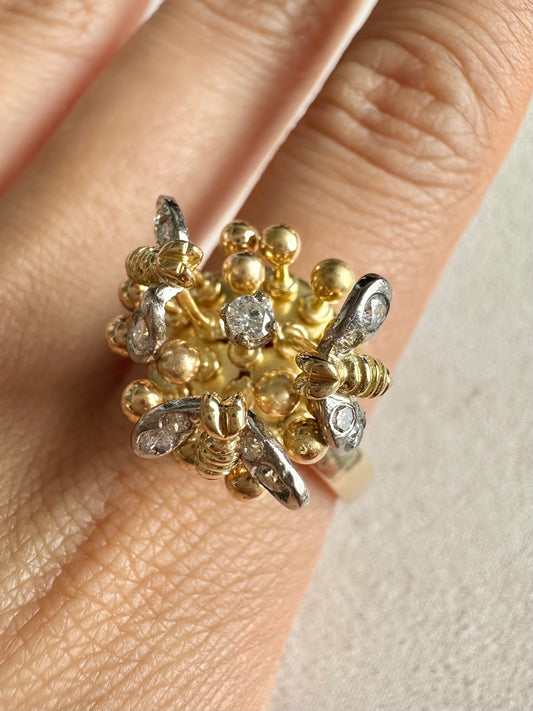 复古 14K 金钻石蜜蜂戒指