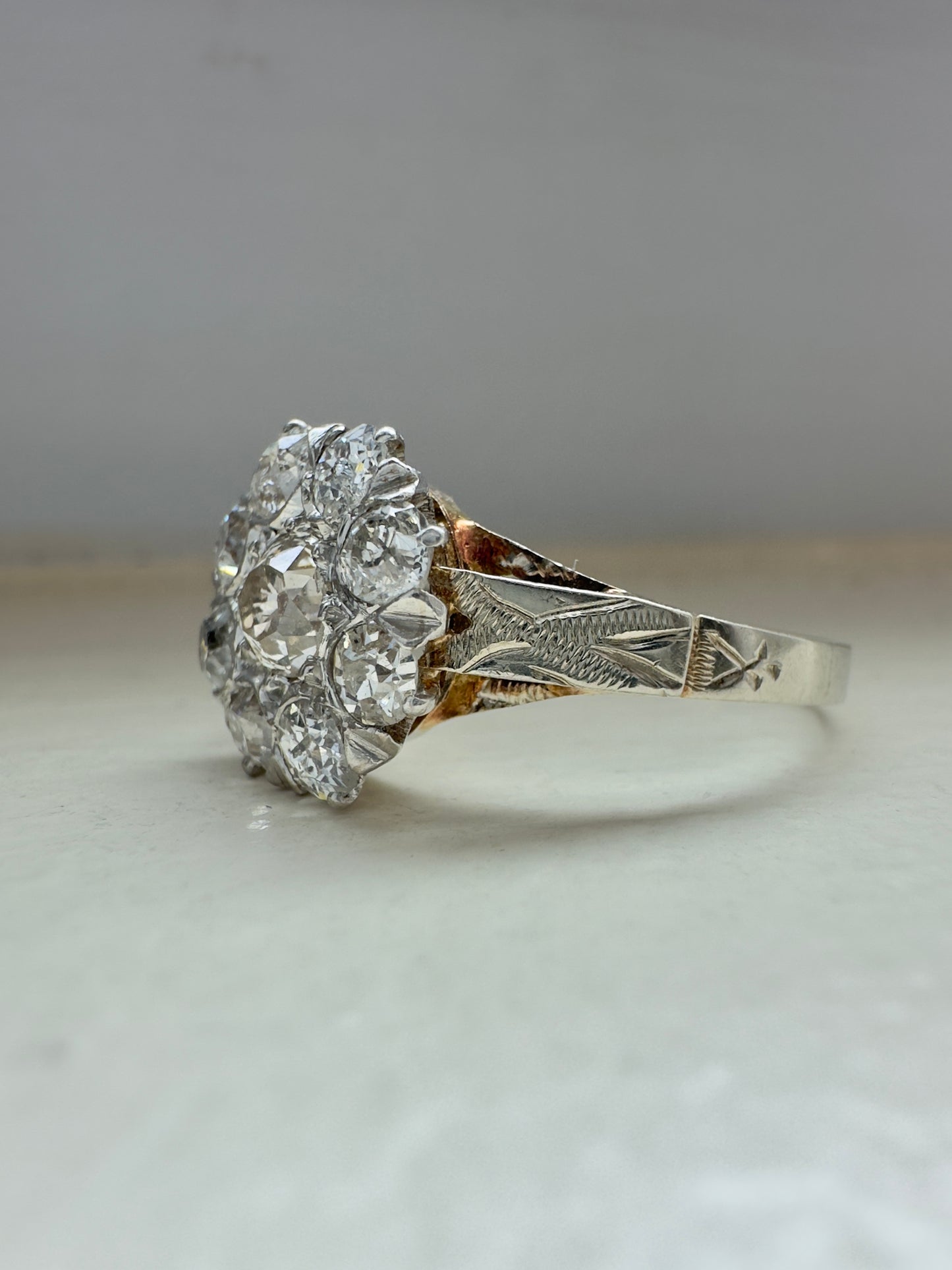 Antique 14K Gold Old Mine Cut Diamond Cluster Ring SZ 6.5