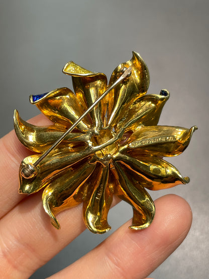 Tiffany & Co. 18K Gold Enamel Diamond Flower Brooch