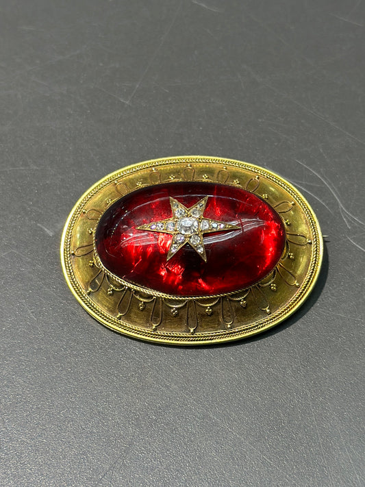 Victorian Etruscan 14K Gold Garnet Diamond Starburst Brooch