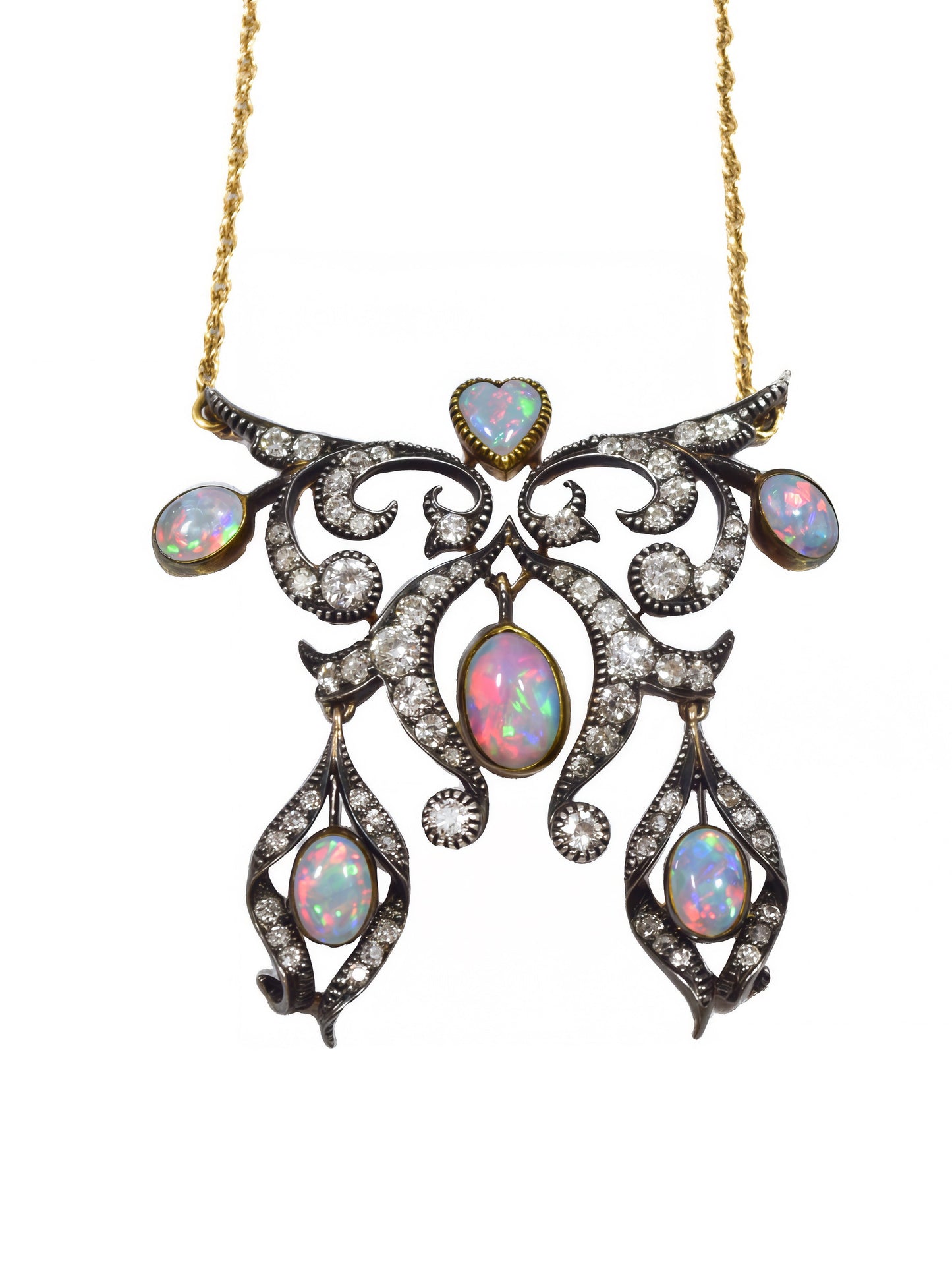 Antique 14K topped silver lavaliere necklace with opal and diamond pendant on a white background