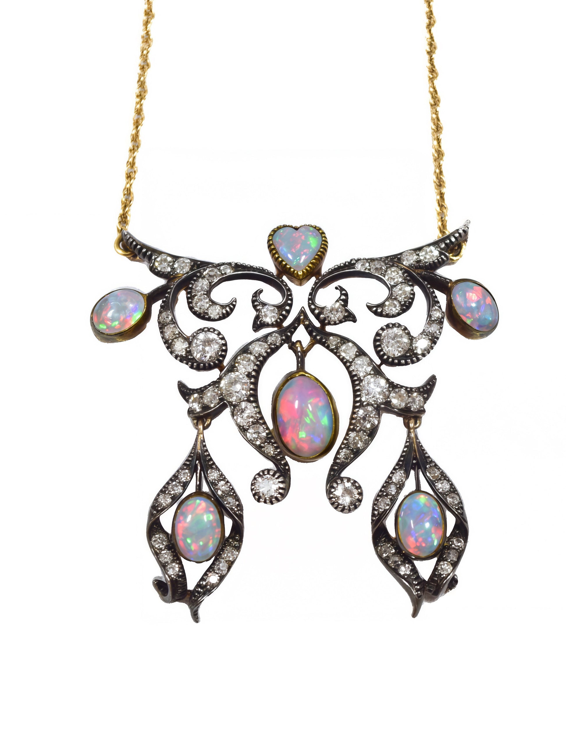 Antique 14K topped silver lavaliere necklace with opal and diamond pendant on a white background