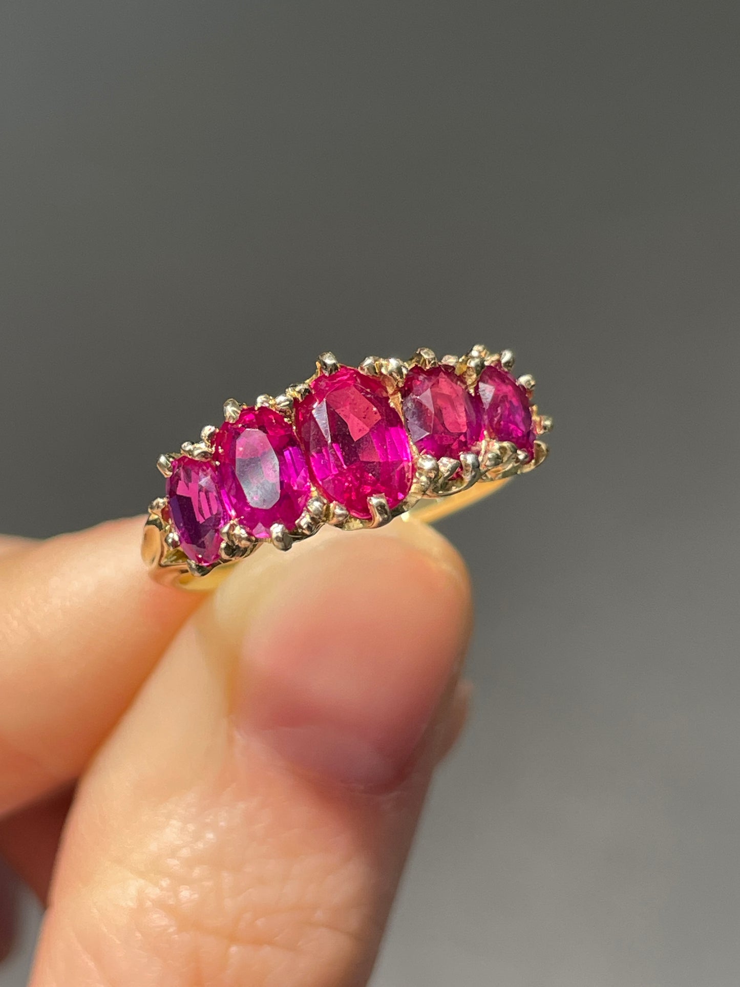 Antique 18K Gold 2.59 CTW Burma Five Stone Ruby Ring GIA