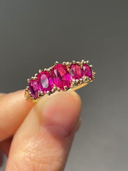 Antique 18K Gold 2.59 CTW Burma Five Stone Ruby Ring GIA