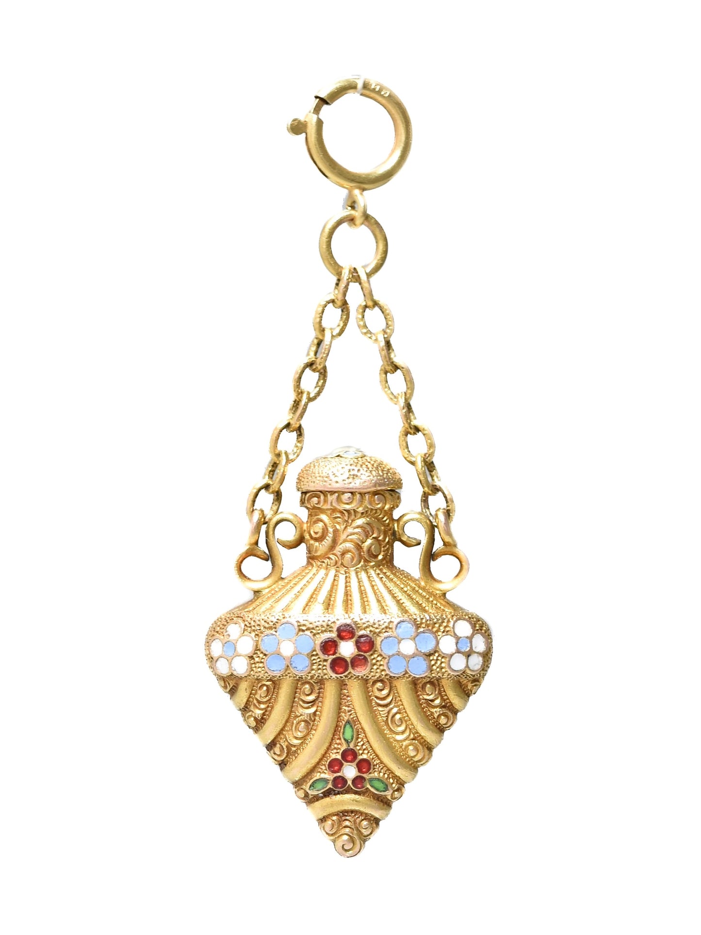 Antique 18K Gold Enamel Forget Me Not Perfume Bottle Pendant