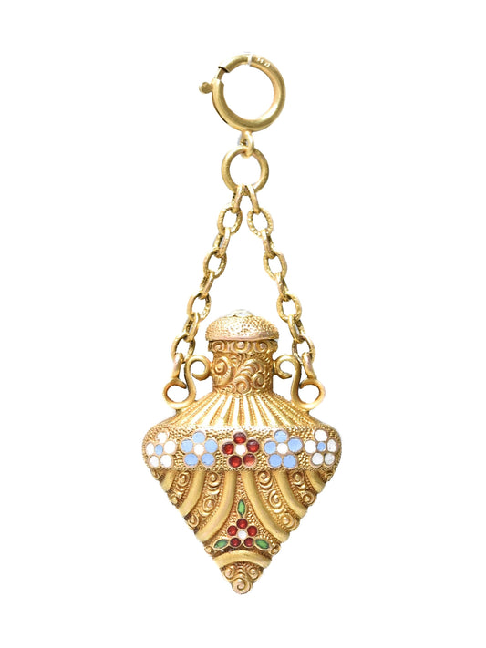 Antique 18K Gold Enamel Forget Me Not Perfume Bottle Pendant
