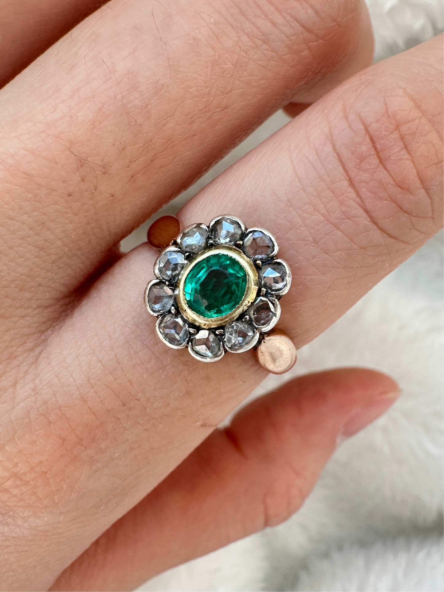 Antique Platinum Topped 14K Gold 0.51 CTW Emerald Diamond Halo Ring