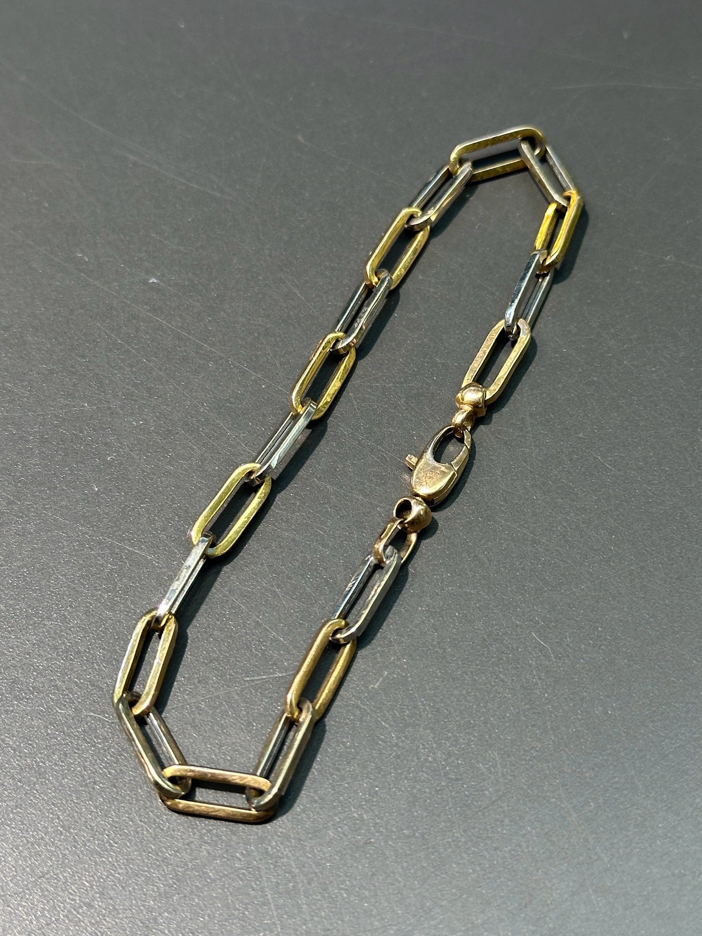 18K Yellow Gold Hollow Two Tone Paper Clip Link Bracelet